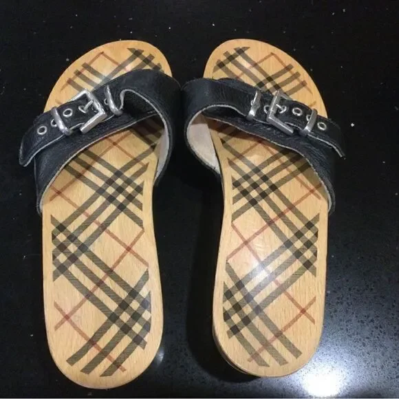 BURBERRY Black Leather Silver Buckle Wood Flip Flop Slide Sandal - Picture 4 of 6